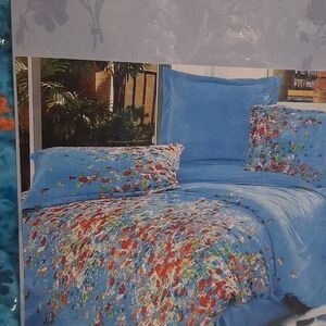 Sky Blue Floral Comforter Set with Multi-Color Accent